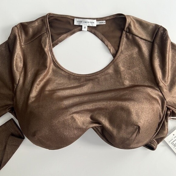 NWT Good American Mesh Underwire Crop Top Long Sleeve Mocha Foil Size 2 / Medium - Picture 5 of 12